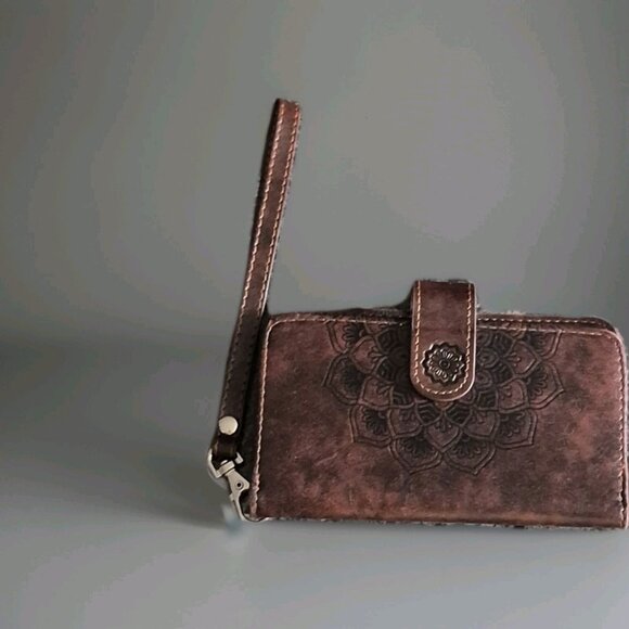 Vintage Handbags - Vintage Hand Tooled Brown Boho Design Leather Wristlet Wallet
